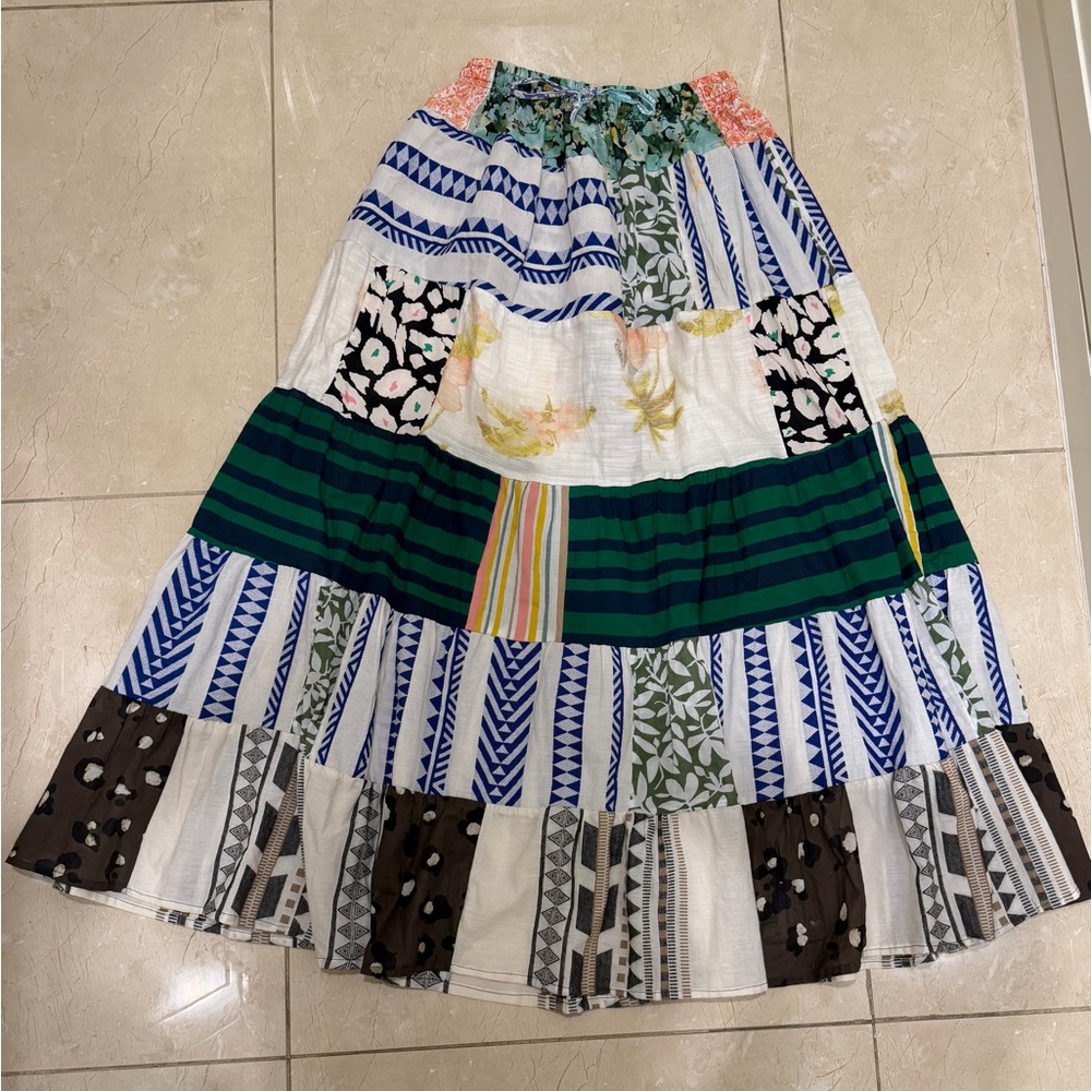 Ashley Taylor Patchwork Tiered Maxi Skirt in Green, Blue, White, Brown One Size
